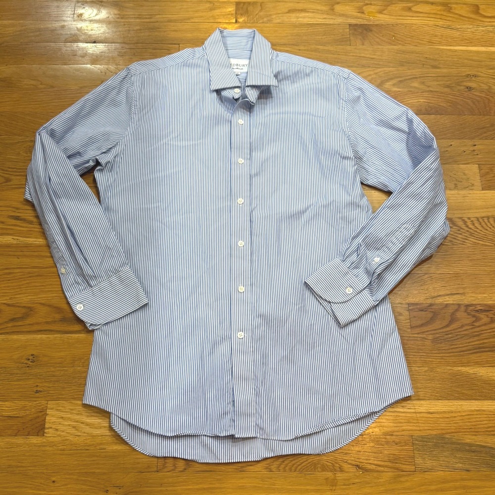 Ledbury Blue White Striped Cotton Button Down Shirt Mens 16.5 42cm Poland